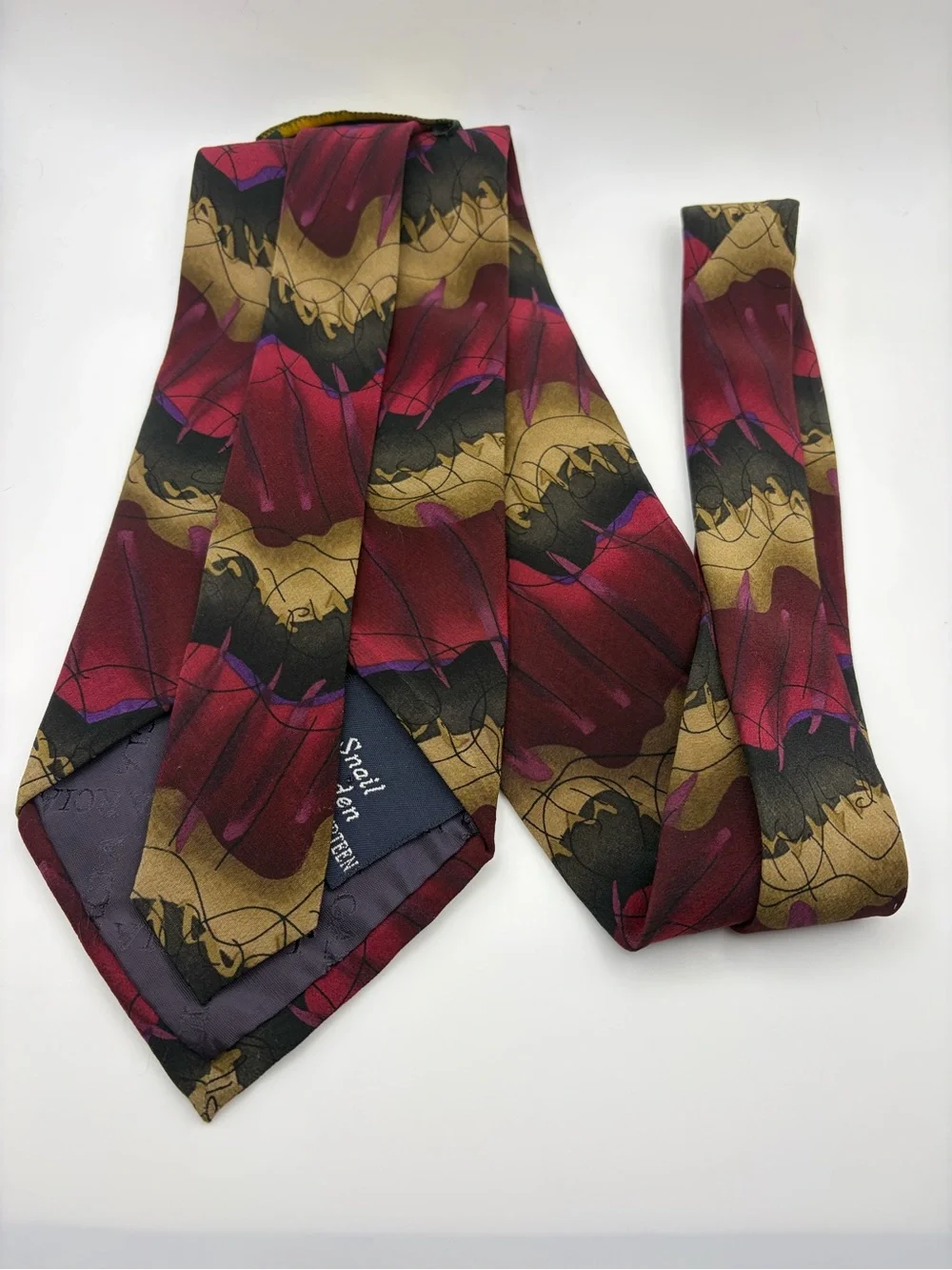 J Garcia Snail Garden Collection 14 Silk Tie Burgundy Gold Abstract Vintage 90s